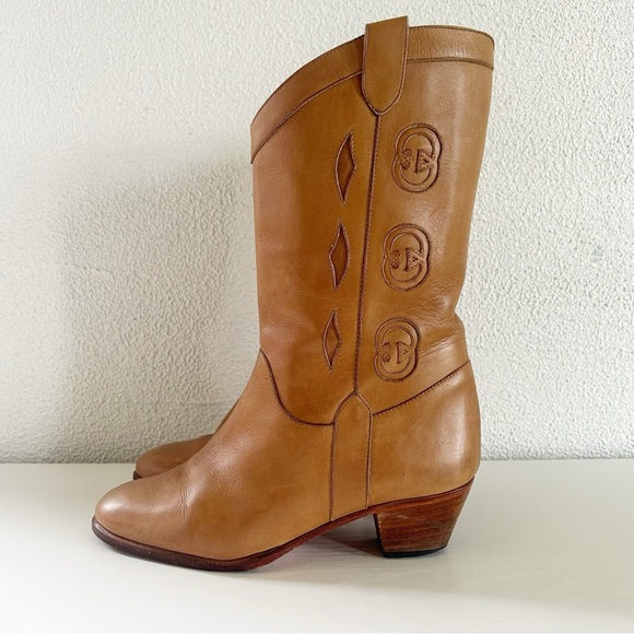 Vintage Gucci Cowboy Western Boots Interlocking GG Logo Tan Beige Size US 6.5 - Picture 1 of 13